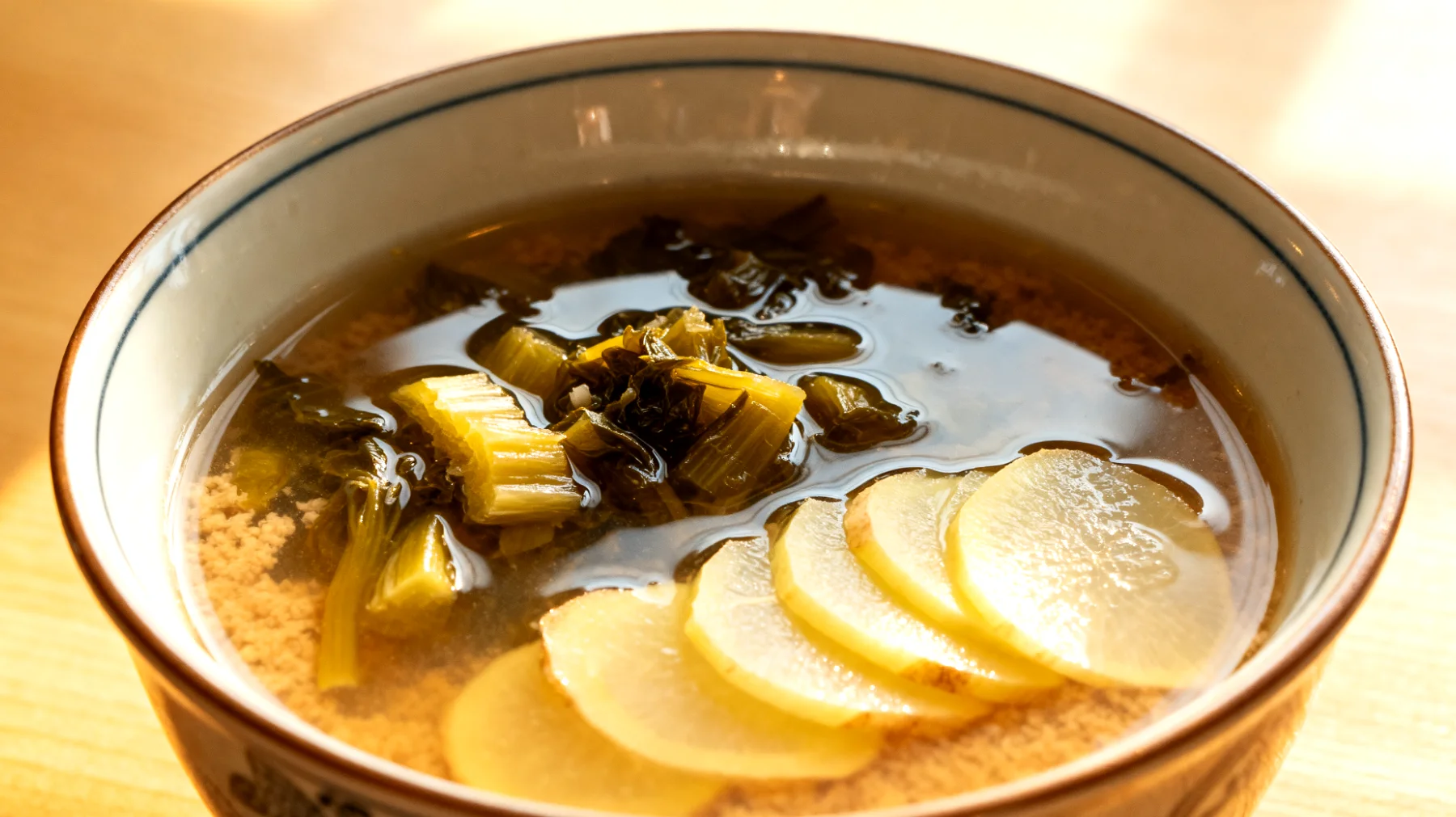 Miso-Suppe mit fermentiertem Gemüse (Sauerkraut oder Kimchi) und Ingwer"