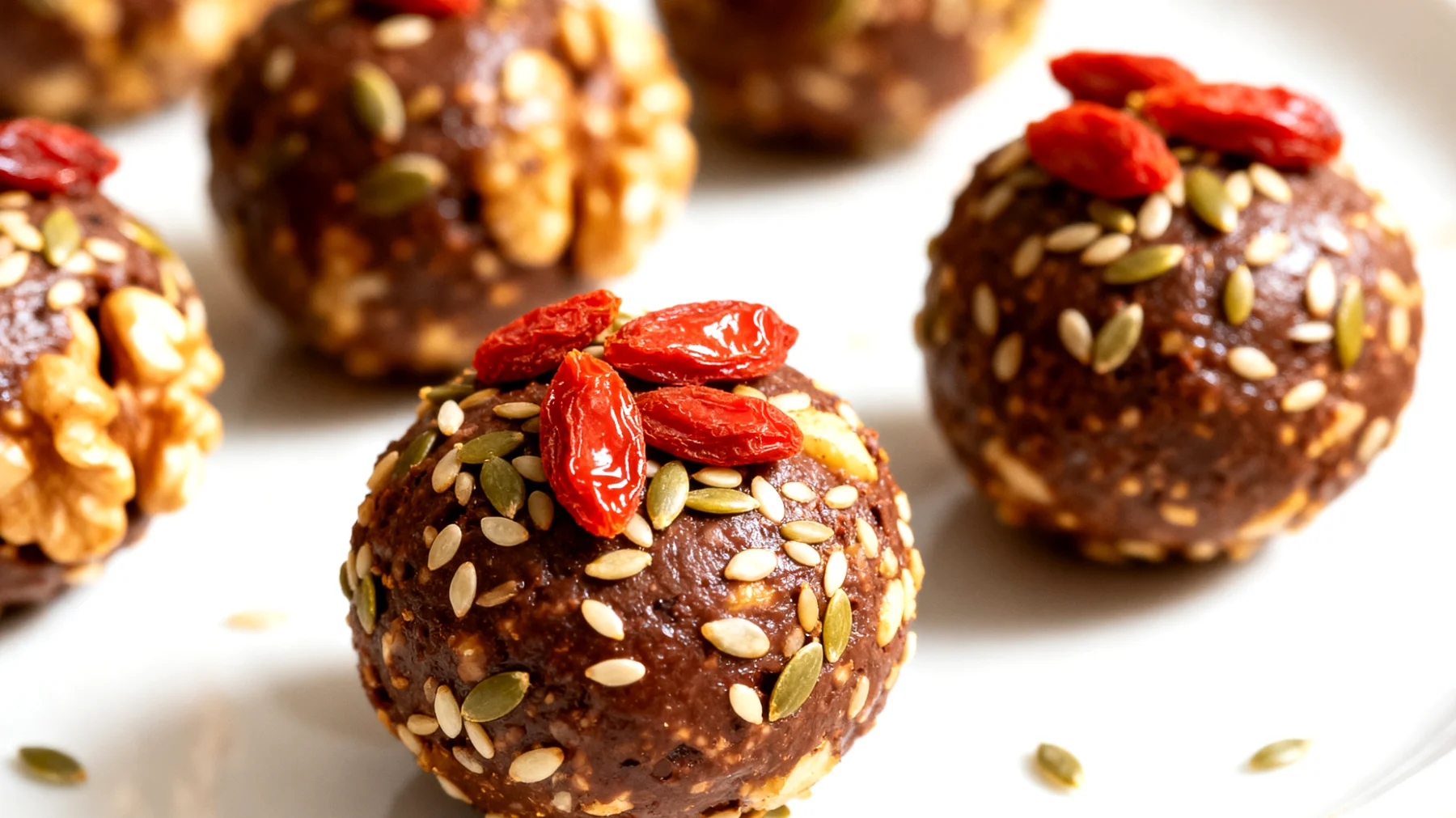 Walnuss-Kakao-Energiebällchen mit Goji-Beeren und Hanfsamen"
